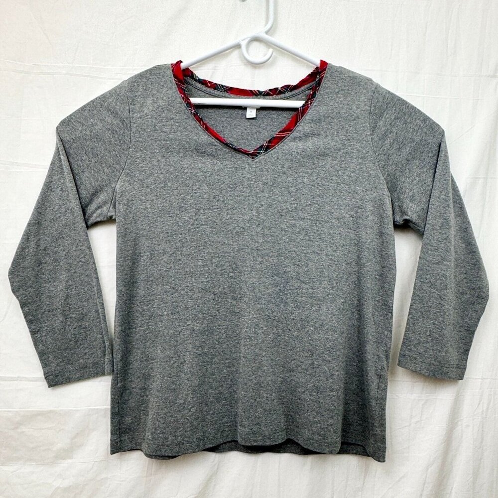 Charter Club Intimates Long Sleeve Sleep Shirt Women XL Gray w/Plaid Trim